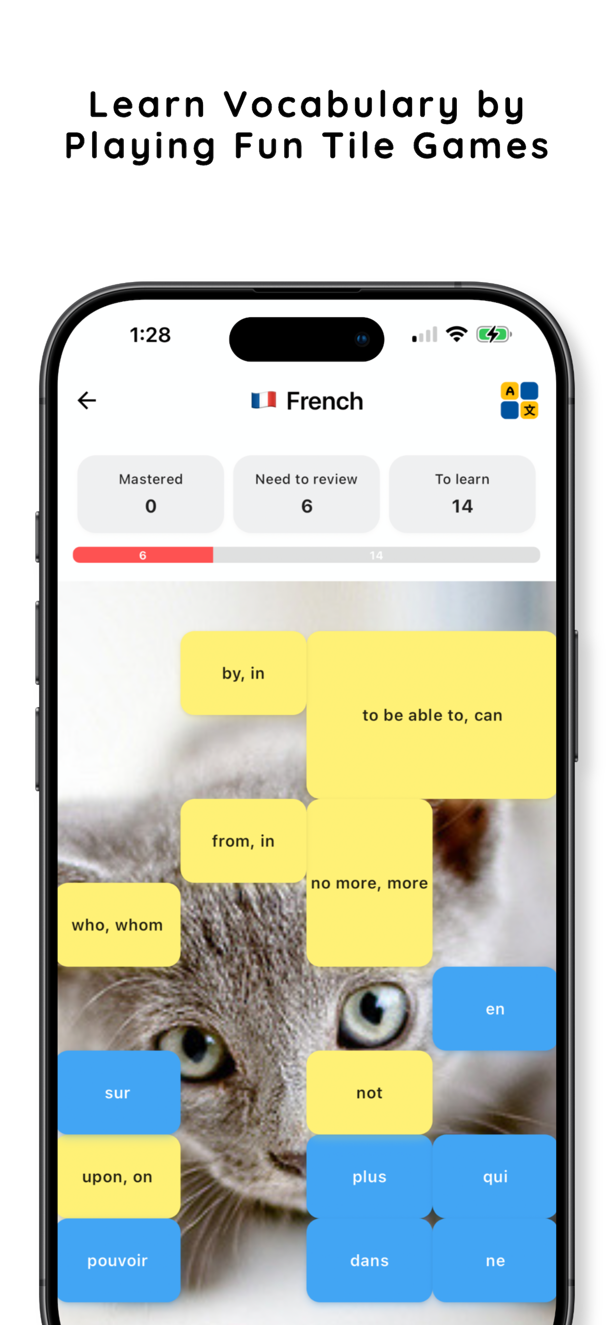 Memotile app screenshot showing vocabulary game interface