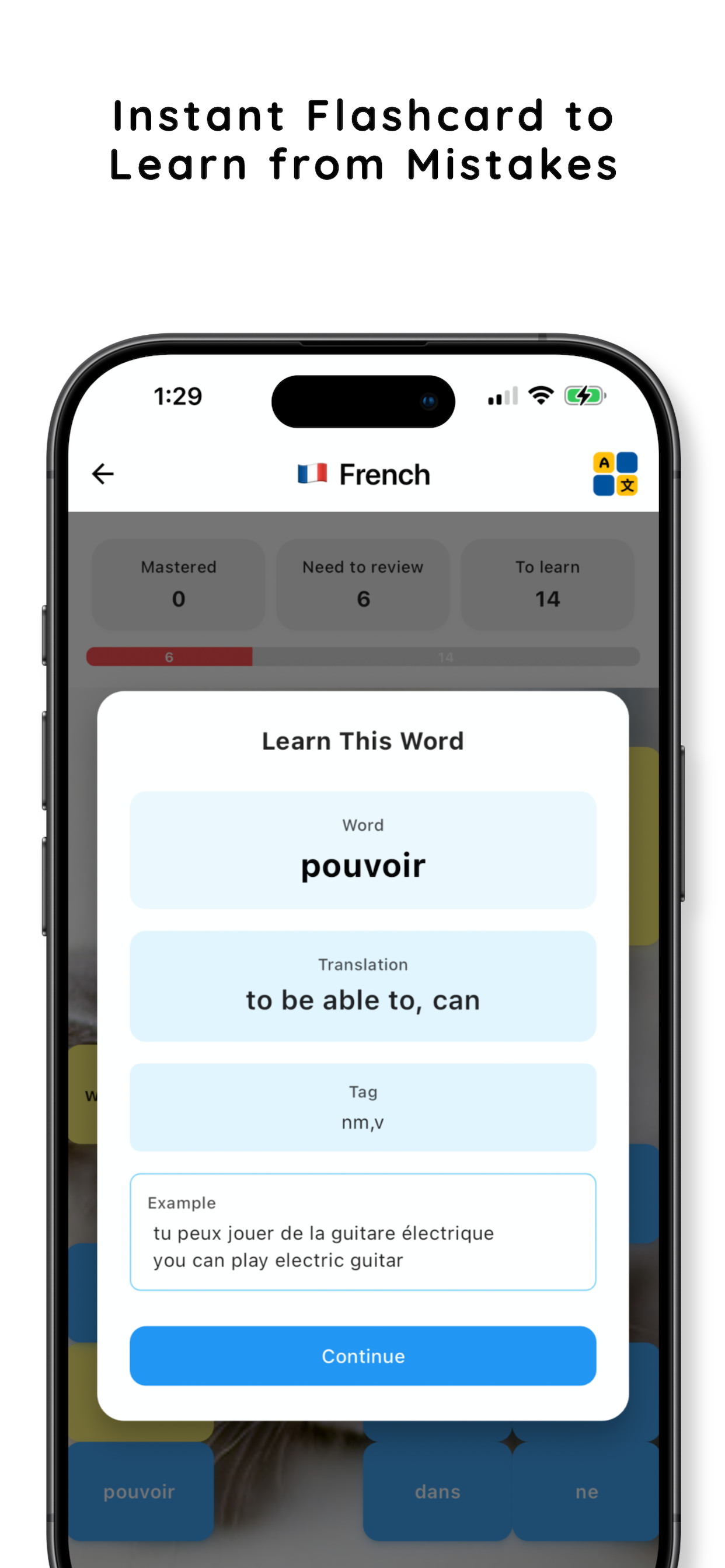 Memotile app screenshot showing word learning progress